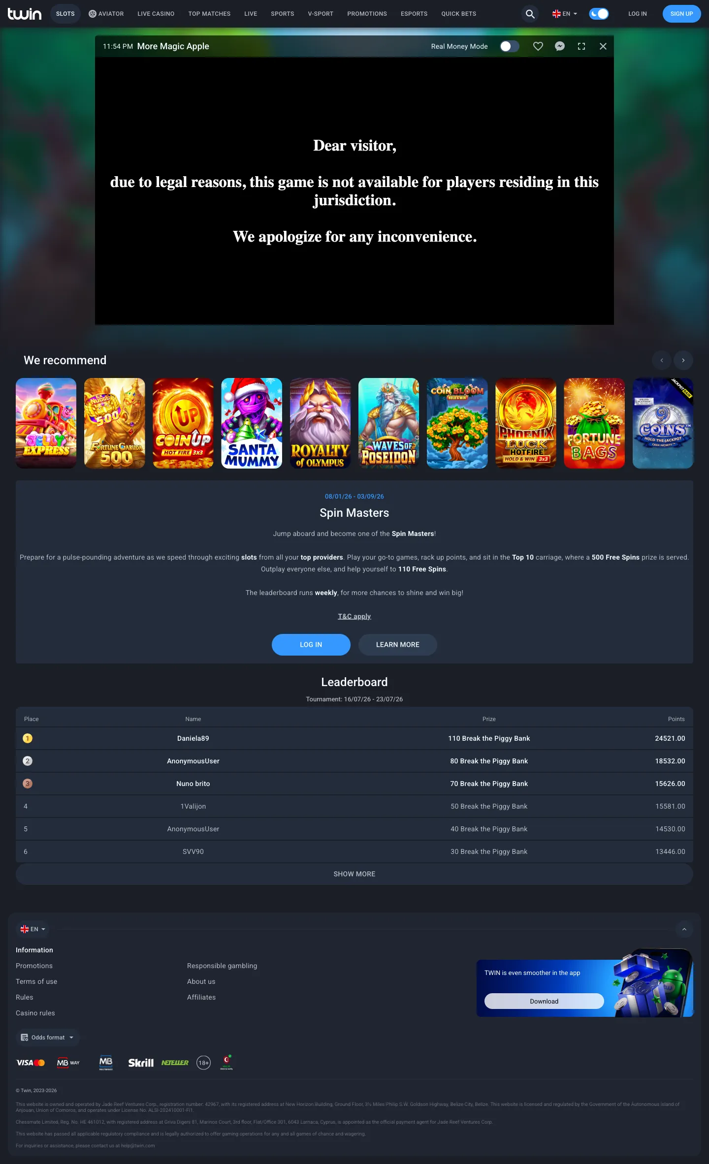 Twin Casino - интерфейс приложения