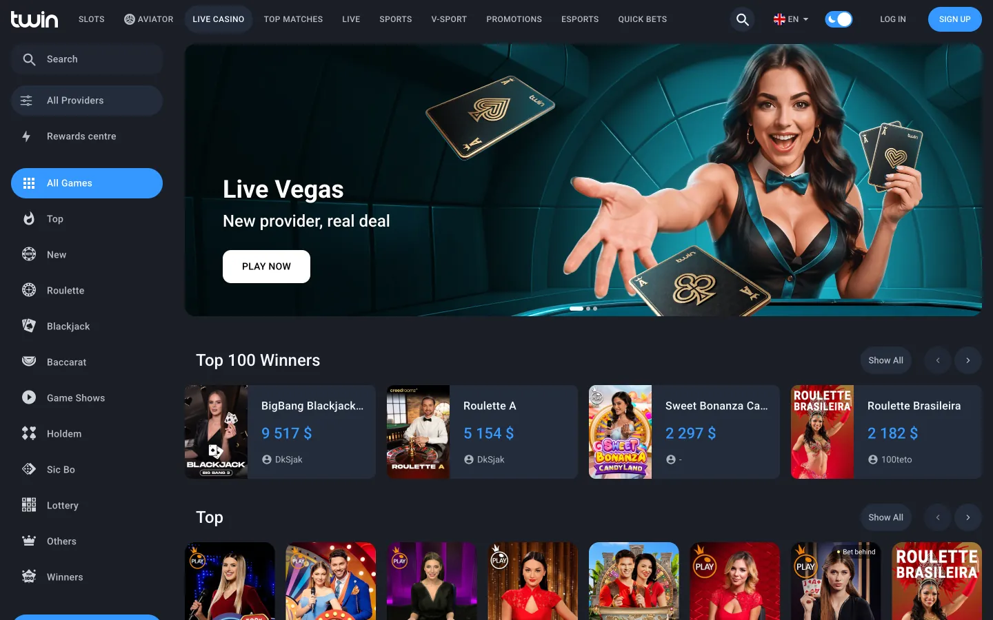 Live-раздел Twin Casino с живыми дилерами
