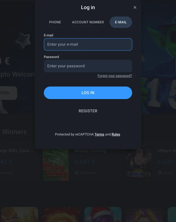 Экран входа Twin Casino - email, телефон или соцсеть